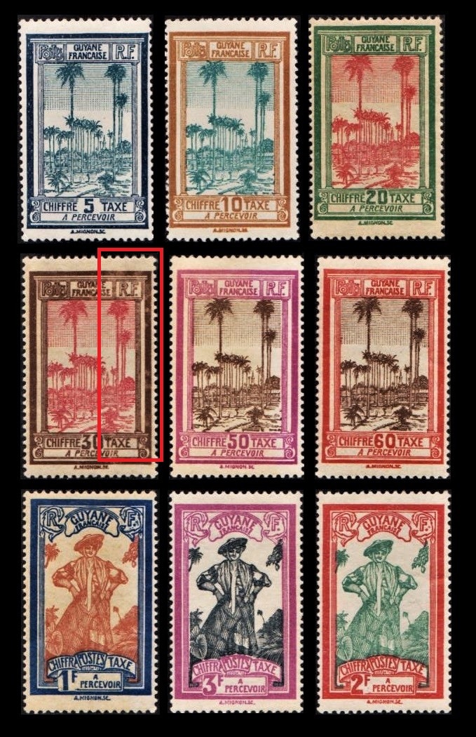 zα356y2-3f 仏領ギアナ1929年 不足料切手・風景と少女・9枚完の画像1