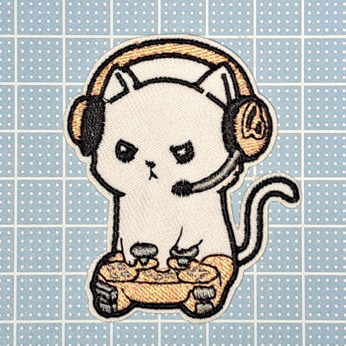 アイロンワッペン 猫 ゲーマー  刺繍ワッペン