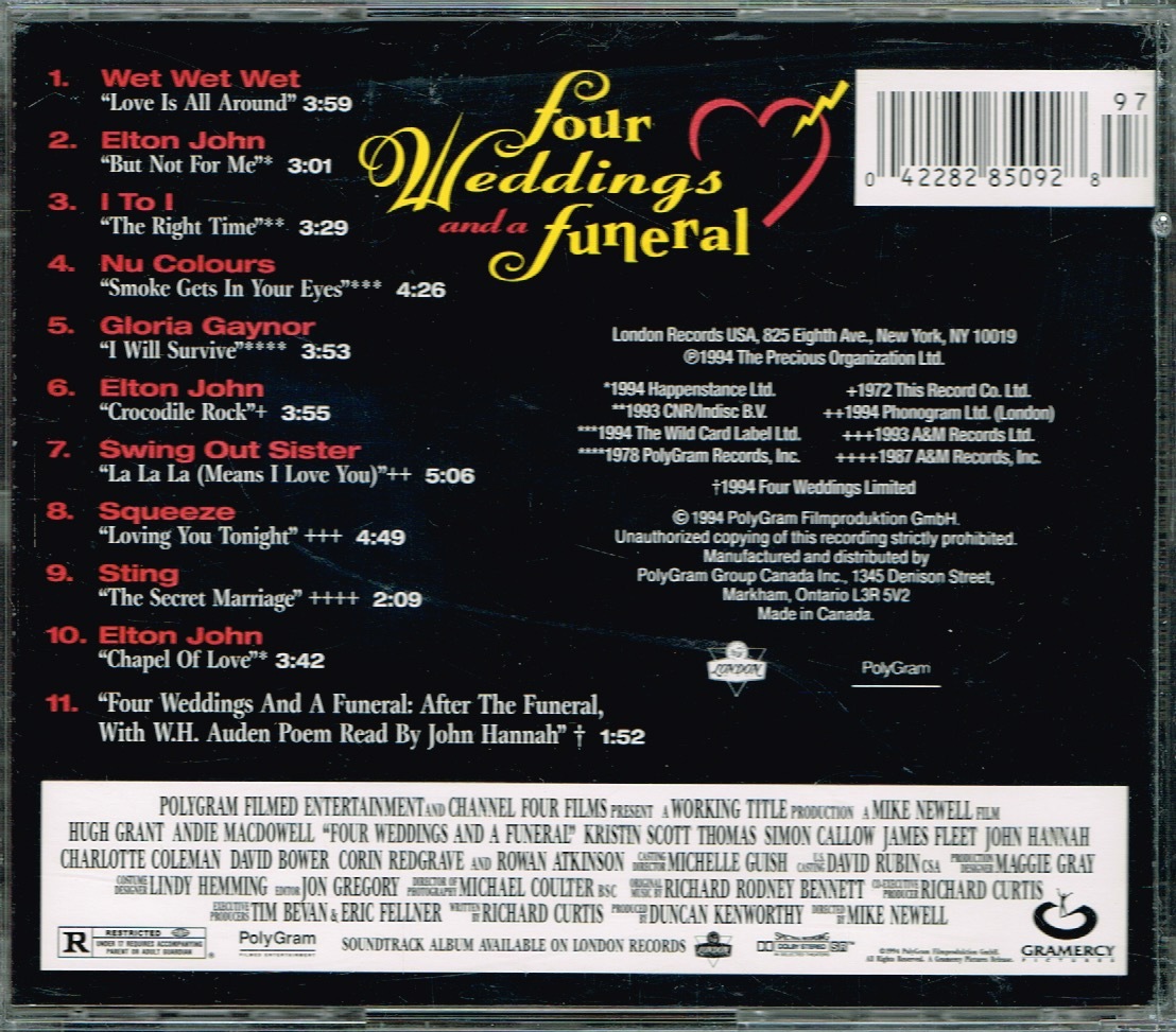 オムニバス【Four Weddings And A Funeral】Wet Wet Wet/Elton John/I To I/Nu Colours/Gloria Gaynor/Swing Out Sister 他・輸入盤★CDの画像2