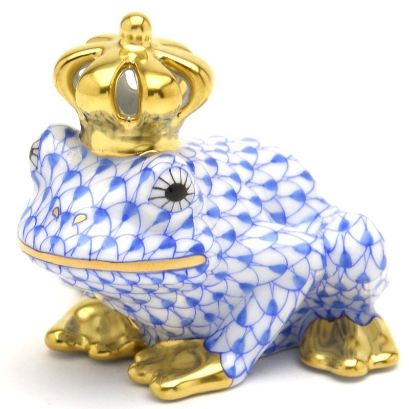 ヘレンド 透かし彫りの王冠を戴く蛙の王様 ビューヘレンド ブルーの鱗模様 金彩仕上げ 手描き カエル 置物 飾り物 ハンガリー 新品 Herend