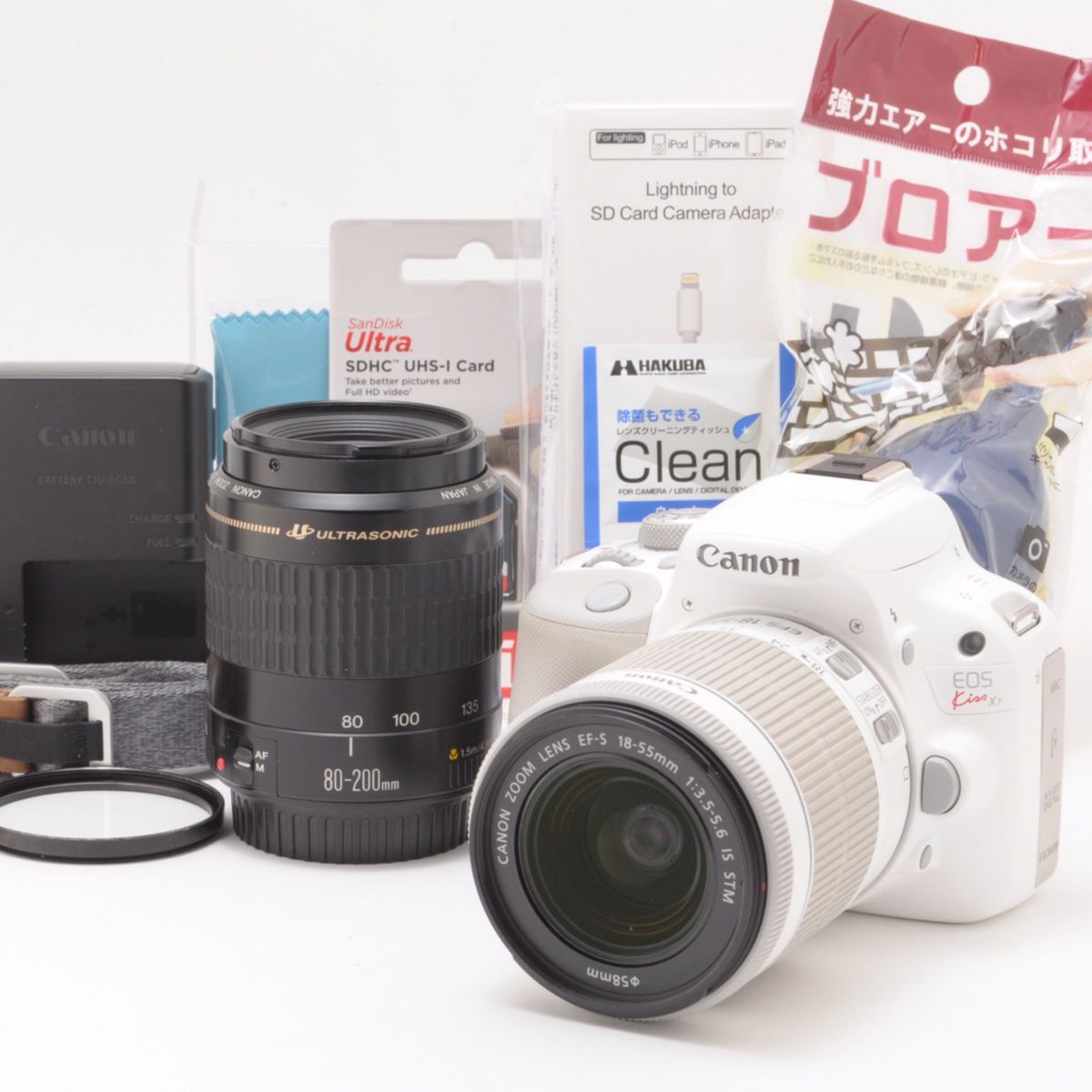 良品 Canon キヤノン EOS Kiss X7 ホワイト ダブルズームレンズセット SDカード32ｷﾞｶﾞ.おまけ付