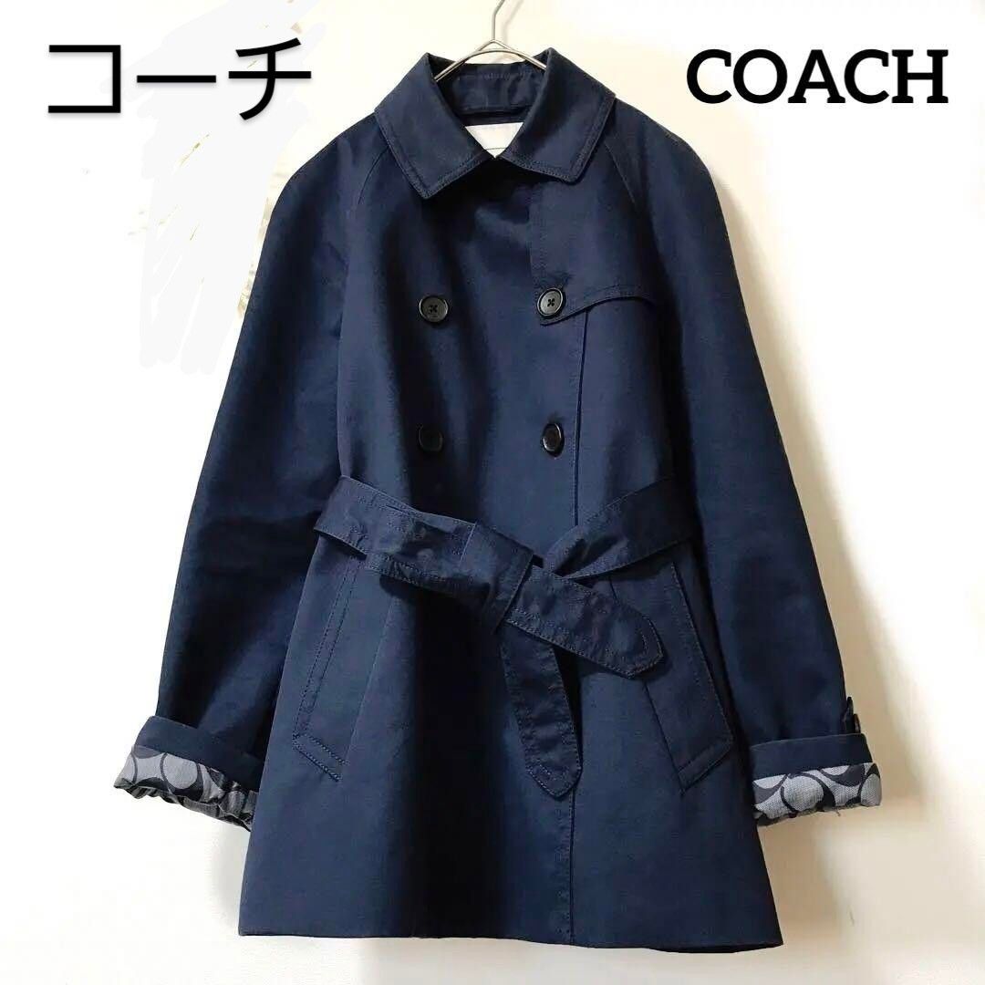 COACH/コーチ/トレンチコート/ネイビー/シグネチャー/Sアメリカサイズ　日本サイズM～L　入学式卒業式に　美品