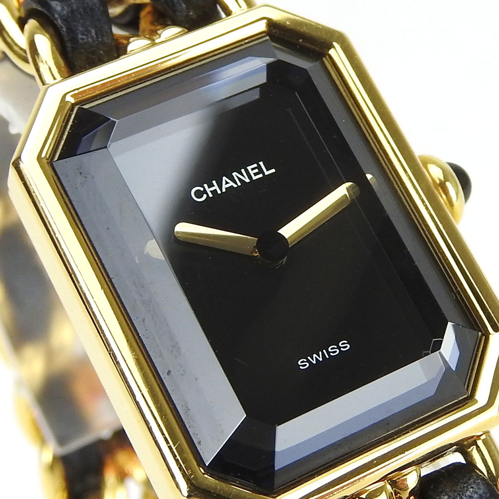  used Chanel wristwatch Premiere metal leather face black plating GP L size lady's woman 