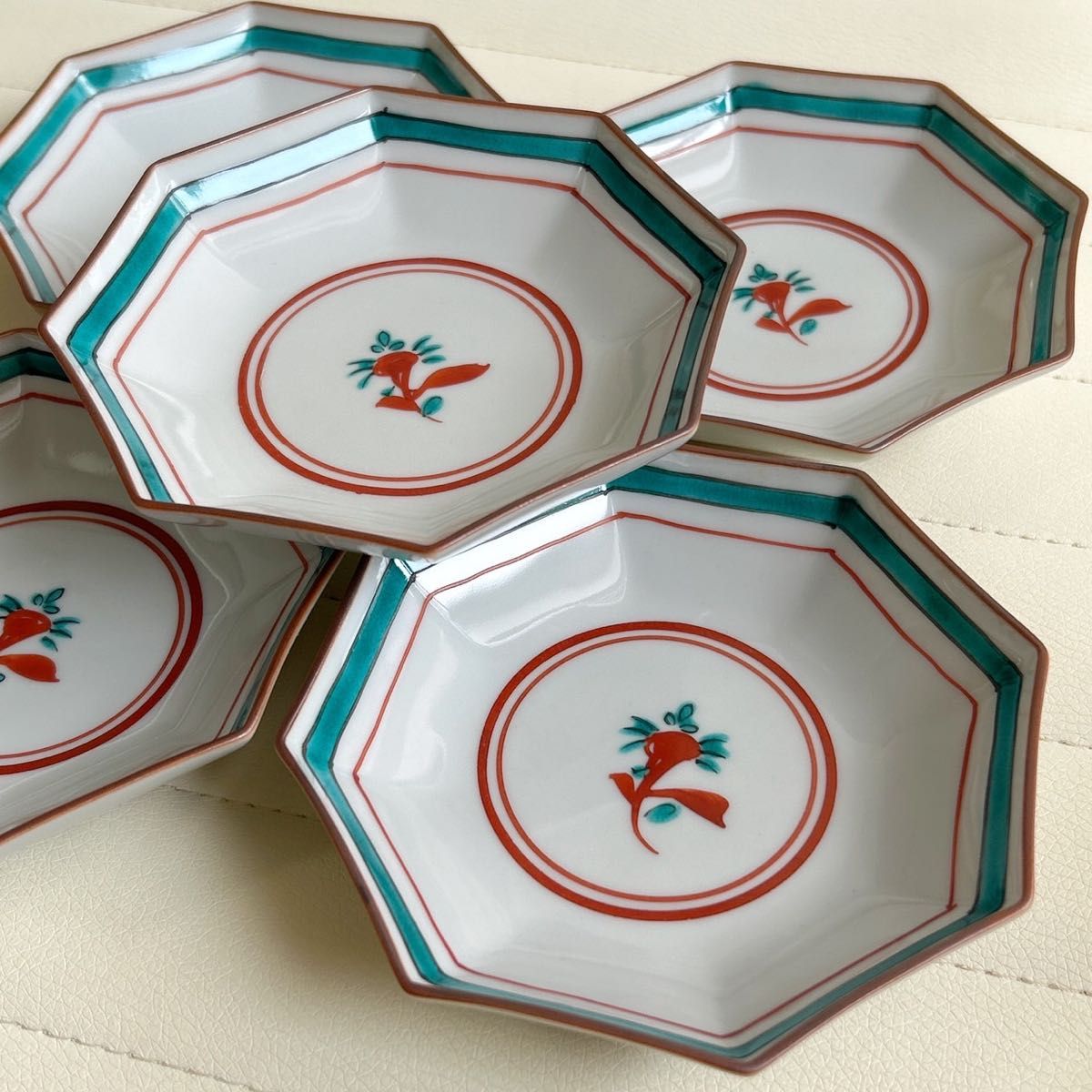 九谷焼　八角皿　５枚セット　銘々皿　赤絵　色絵　小皿　和食器　丸紋　緑