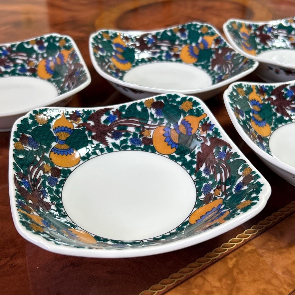九谷焼　仙龍窯　角皿揃　５枚セット　小鉢　銘々皿　色絵花鳥　宝紋　和食器　中鉢