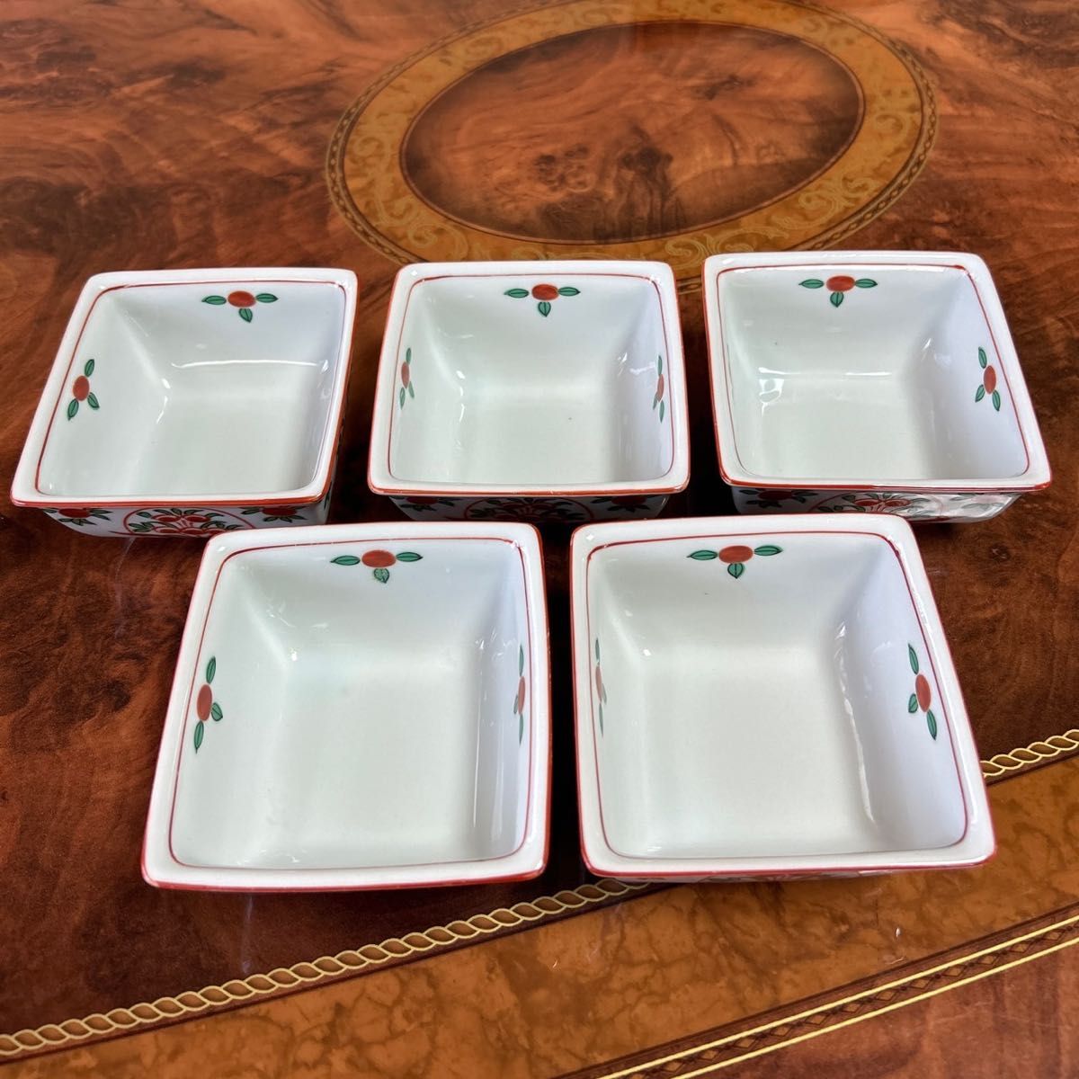 たち吉　赤絵花紋　小鉢揃え　5客セット　角鉢　橘吉　和食器　煮物鉢