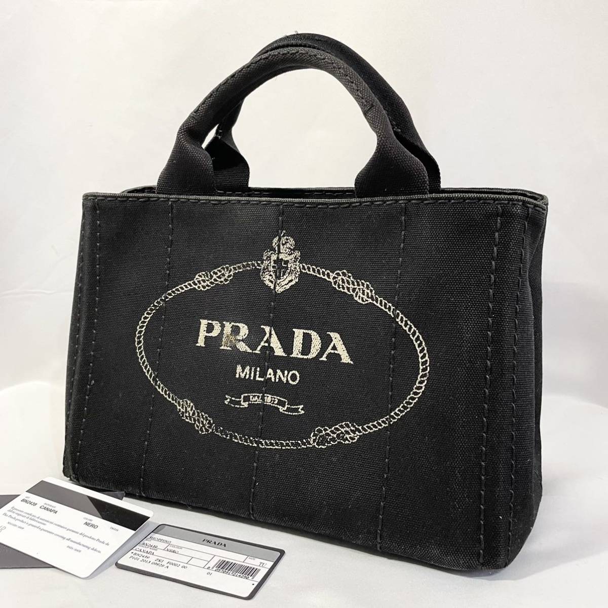正規品 PRADA プラダ CANAPA カナパ ハンドバッグ トートバッグ 三角ロゴ キャンバス生地 黒 ブラック 鞄 かばん ギャランティカード付き