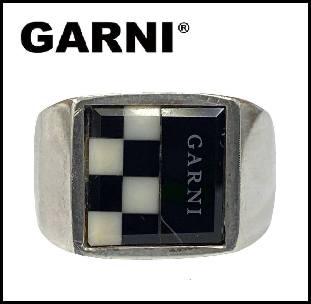 GARNIgaruni silver 925 onyx color stone black  Kelly Logo check plate signet sig net ring ring white black 17 number 