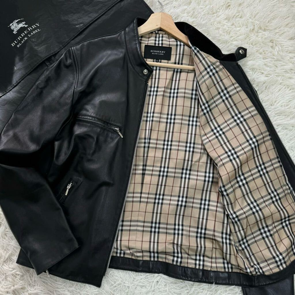 極美品!!L/バーバリーブラックレーベル ライダース レザージャケット ラムレザー とろとろ 羊革 ノバチェック BURBERRYBLACKLABEL 黒_画像1