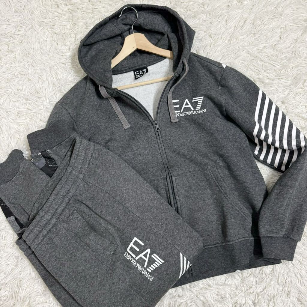 美品!!XL相当!!エンポリオ アルマーニ EMPORIO ARMANI EA7 ロゴ 総柄 ライン セットアップ ジャージ スウェット パーカー メンズ グレー _画像1