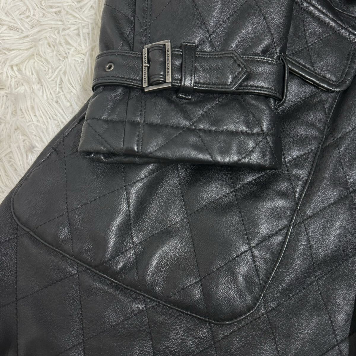 超美品!!希少Lサイズ/BURBERRY BLACK LABEL バーバリーブラックレーベル ラムレザー 羊革 キルティング トレンチコート ロングコート 黒_画像4