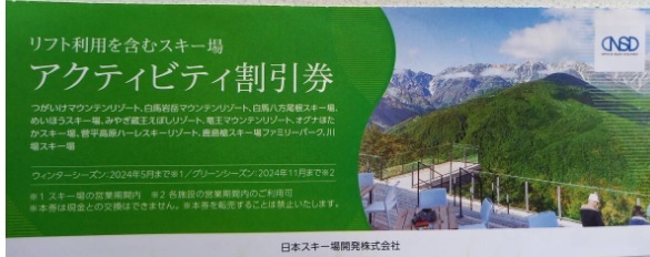 最新 日本駐車場開発 株主優待 券 アクティビティ割引券 1枚 5名迄利用可 2024.11月迄 複数枚対応 クーポン券 割引券 日本スキー場開発_画像1