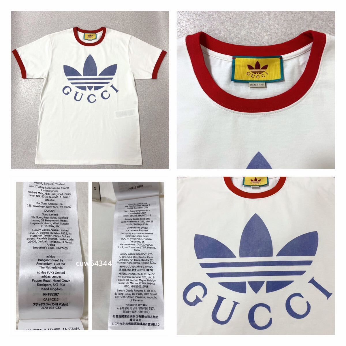 国内正規品 22ss 極美品 S～M対応 GUCCI グッチ×adidas アディダス トレフォイル 半袖 Tシャツ ホワイト×レッド×ブルー BOX・タグ_画像4