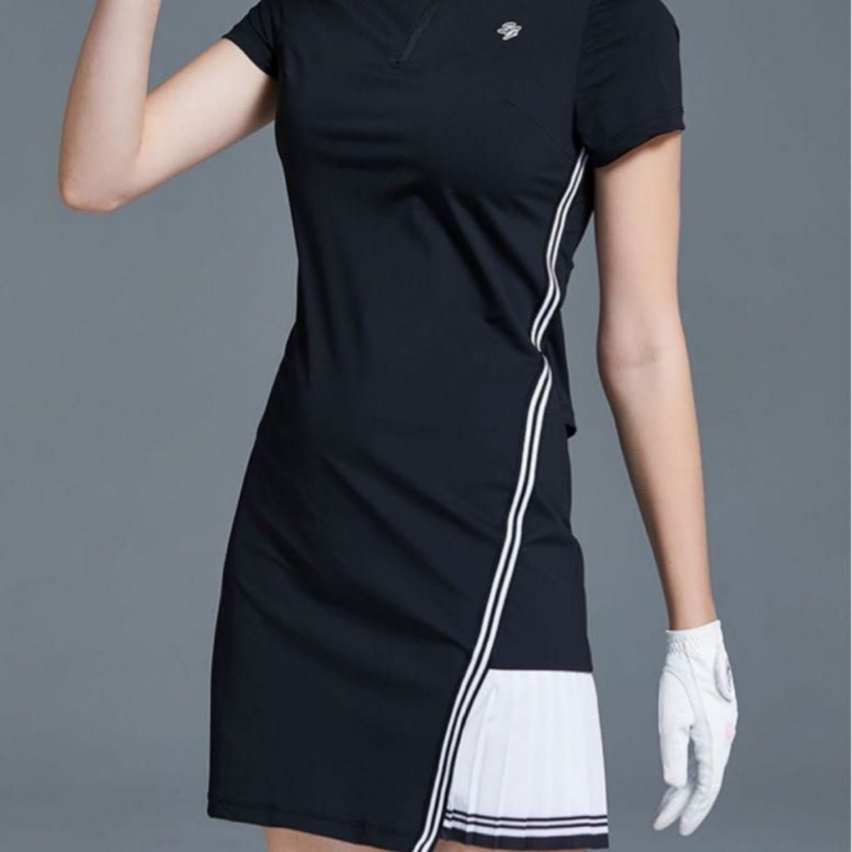 【タイムセール】大人っぽい♪ゴルフウェア レディース スポーツウェア ワンピース 半袖 ポロ モノトーン白黒 プリーツスカート