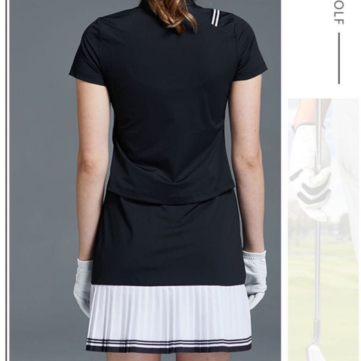 【タイムセール】大人っぽい♪ゴルフウェア レディース スポーツウェア ワンピース 半袖 ポロ モノトーン白黒 プリーツスカート