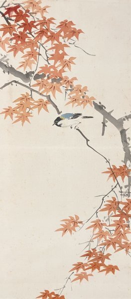 ［模写］章嶺「紅葉小鳥之図」絹本 花鳥図 鳥獣 日本画 絵画 日本美術 掛軸 人が書いたもの Ｈ022708_画像6