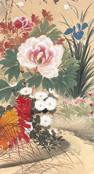 ［真作］蜂須秀雲 作「紅葉四季花図」絹本 花鳥図 鳥獣 日本画 絵画 日本美術 掛軸 明治昭和初期の日本画家 大分の人 師: 池上秀畝 S031219_画像6