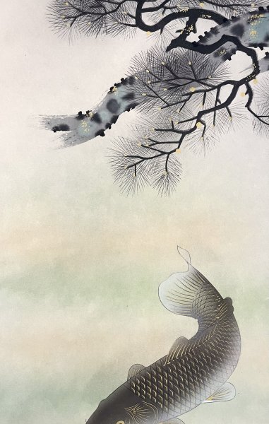 ［模写］旭堂 「双鯉」絹本 花鳥図 鳥獣 日本画 絵画 日本美術 掛軸 金泥 Ｃ022702の画像5