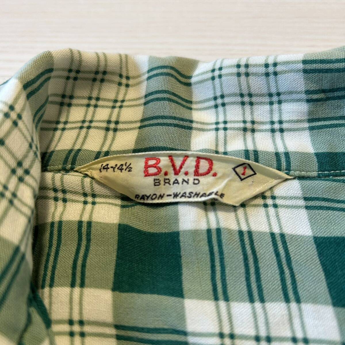 40s 50s BVD レーヨン チェック シャツ グリーン rayon 開襟 ボックス ヴィンテージ USA製 /検 ロカビリー オンブレ シルク ラルフローレン_画像3