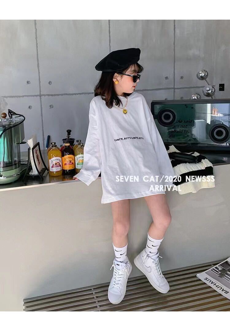 キッズ 子供服 Tシャツ トップス カジュアル ロングTシャツ 女の子 春夏 ゆったり 可愛い ジュニア 長袖 英文字 薄手 KUFB017（110-160）