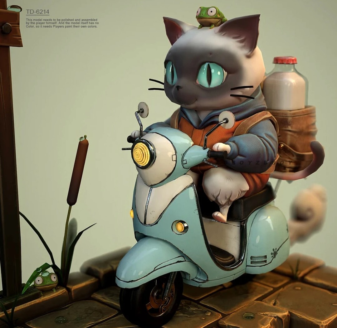 1/35 猫 バイク ジオラマ ガレージキット レジンキット 3Dプリンター製作_参考画像です。植物カエル等は付属しません