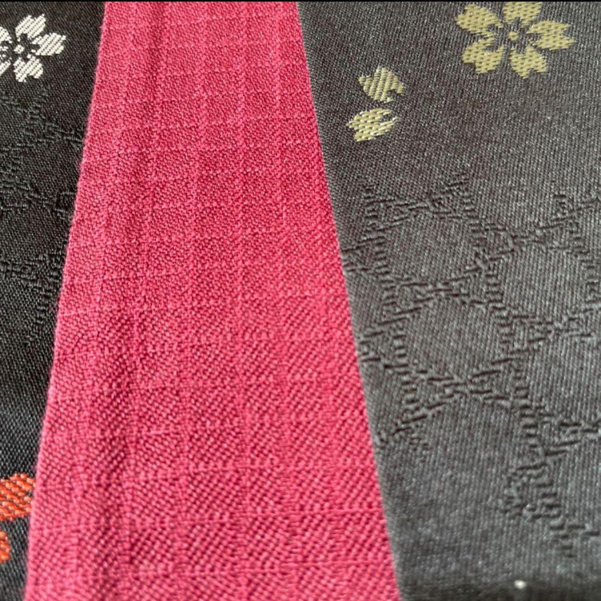 【美品】化繊　小袋帯　黒に桜模様　帯　和装　半幅帯