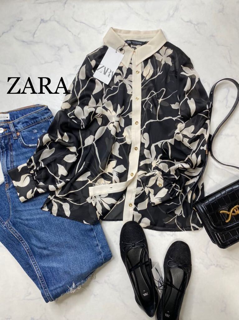 ZARA ザラ★タグ付き未使用★大人素敵★フラワー柄 とろみ素材 シアーシャツ ブラウス 花柄 ★モノトーン エクリュ×黒 XSサイズ yz0340_画像1