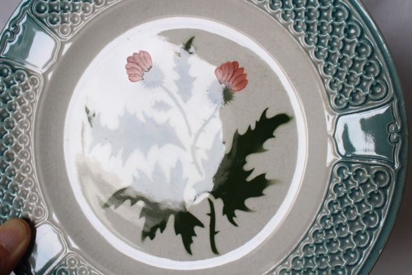 フランス アンティーク PEXONNE 古い陶器のデザート皿 アザミの絵柄 3枚セット 美品_画像5