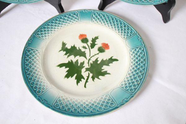 フランス アンティーク PEXONNE 古い陶器のデザート皿 アザミの絵柄 3枚セット 美品_画像4