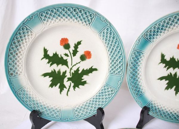 フランス アンティーク PEXONNE 古い陶器のデザート皿 アザミの絵柄 3枚セット 美品_海外からの発送です 送料にご注意ください