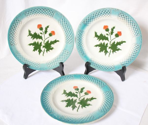 フランス アンティーク PEXONNE 古い陶器のデザート皿 アザミの絵柄 3枚セット 美品_送料は追跡無3750円or追跡有4050円です