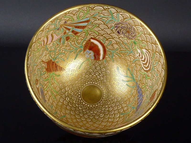 【都屋】8　加藤利昇「仁清金静海波海松貝 茶碗」共箱 高さ 約8cm 幅 約12cm 色絵 金彩 抹茶碗 茶道具 京焼_画像4