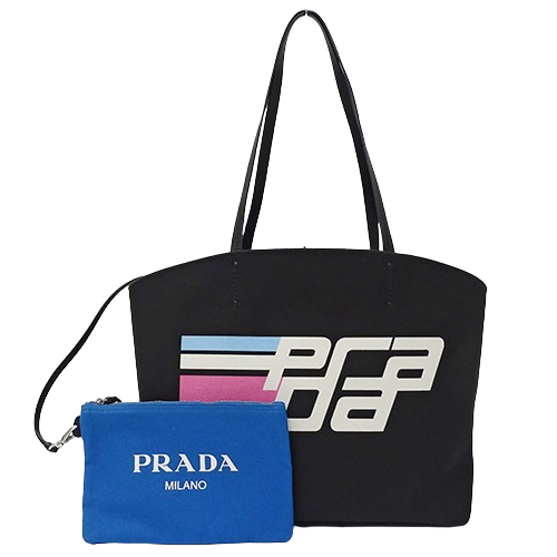 プラダ PRADA バッグ レディース メンズ ブランド トートバッグ キャンバス カナパ レーシングロゴ ブラック 1BG220 ポーチ付き 大容量 A4_画像1