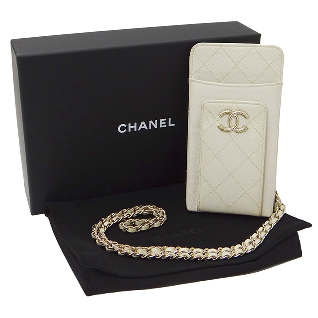 シャネル CHANEL スマホケース マトラッセ レディース ブランド 携帯ケース キャビアスキン クルーズ スマホポーチ ホワイト ゴールド金具_画像4