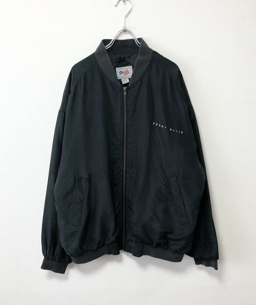 90's PERRY ELLIS VINTAGE SILK JKT ペリーエリス ビンテージ シルク ナイロン スタジャン ブルゾン ジャケット 黒 ラルフローレン USA製_画像1