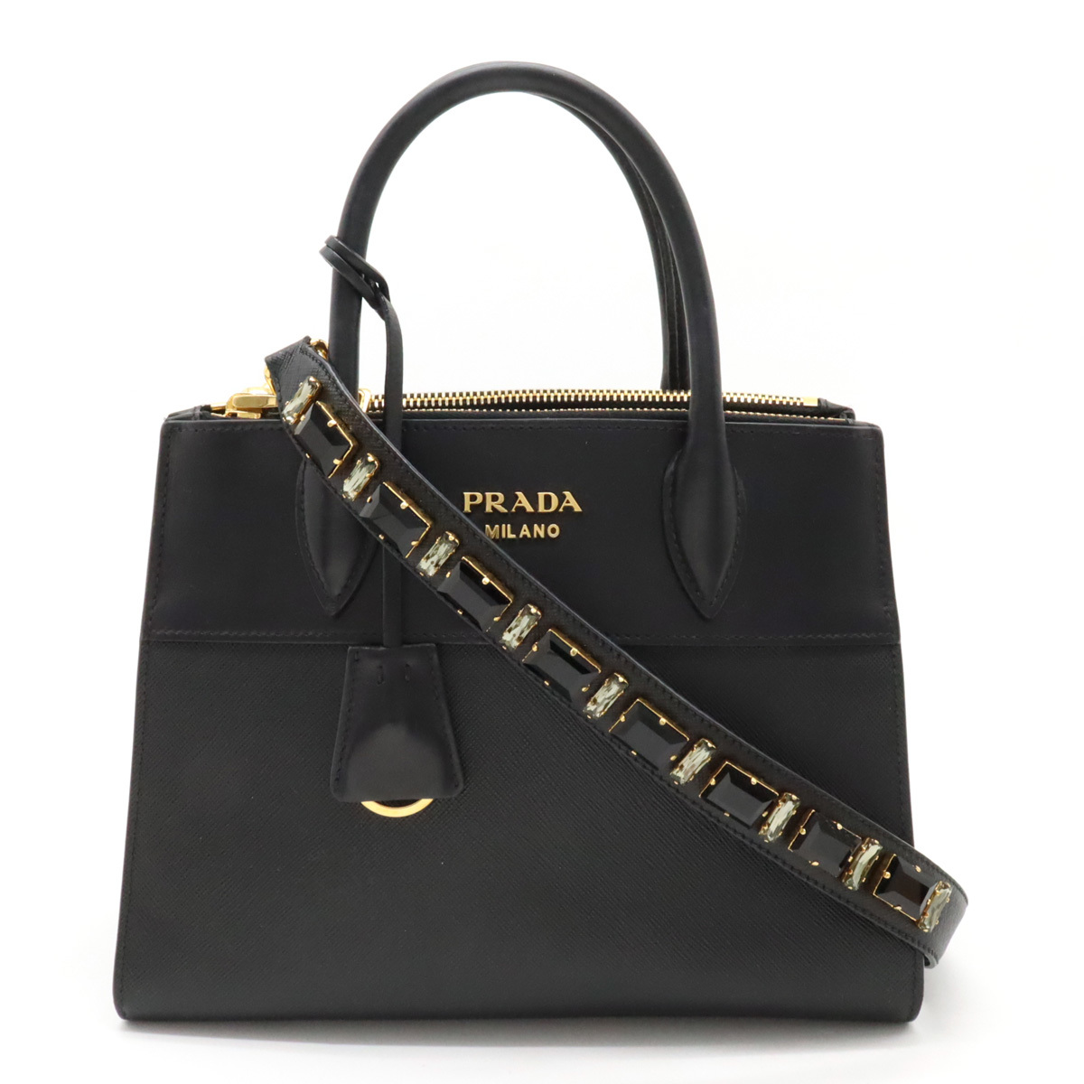 PRADA プラダ パラディグム ハンドバッグ 2WAY ショルダーバッグ レザー ビジュー NERO ブラック ゴールド金具_画像1