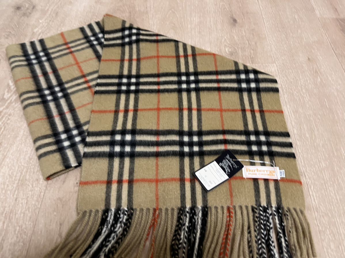 BURBERRY　バーバリー　カシミア100％　タグ付き未使用品　マフラー　キャメル　ヴィンテージ品　送料無料!!!_画像1