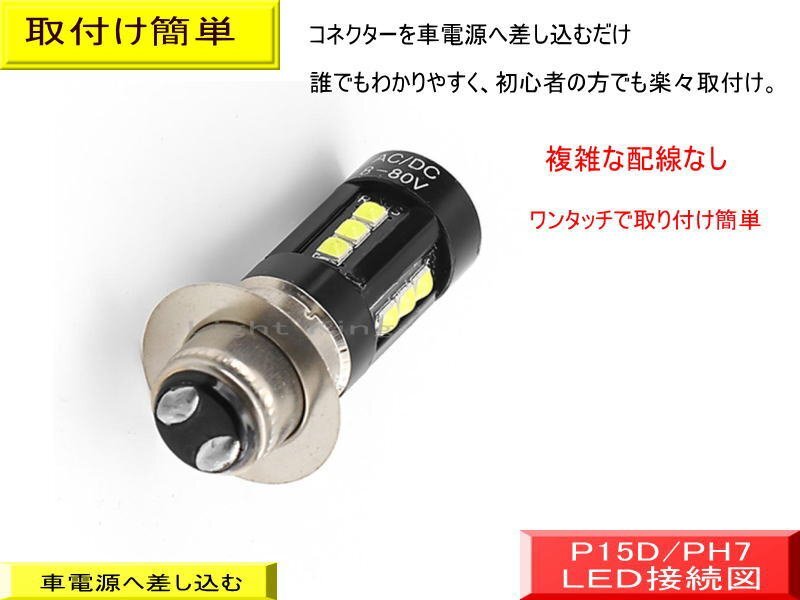 PH7 P15D Hi Lo レモングリーン 緑色 ワンタッチ ポン付 バイク専用 ファンレス 15LEDチップ搭載 ヘッドライト AC&DC 交流&直流 8-80V_画像3