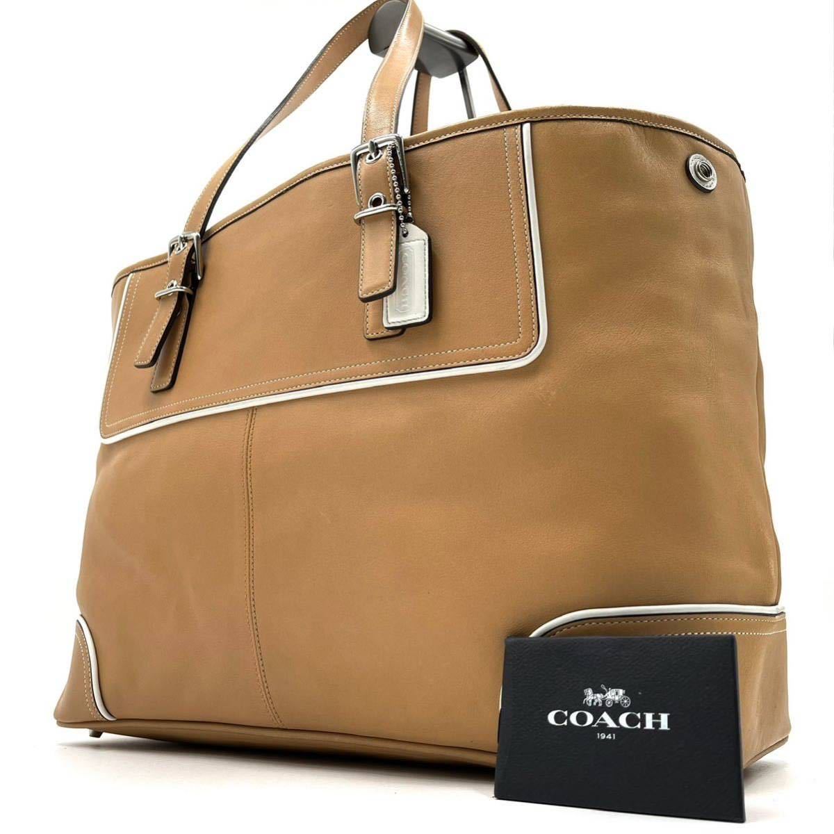 1円《 定価10万・美品 》COACH コーチ ビジネス トートバッグ メンズ PC収納 A4 肩掛け◎ 大容量 レザー 通勤 通学 書類 鞄 ベージュ_画像1