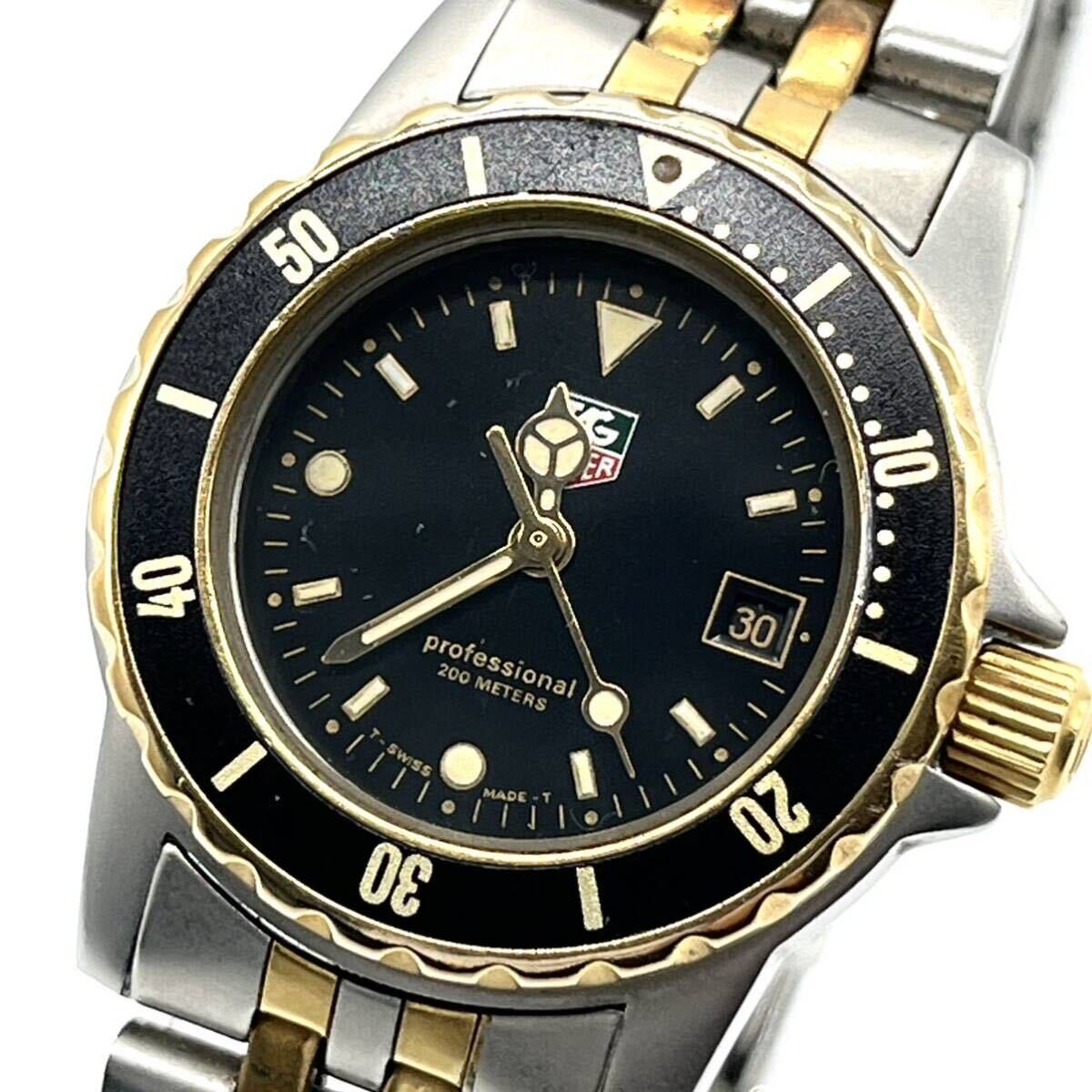 1円《 稼動品・定価12万 》TAG HEUER タグホイヤー 腕時計 プロフェッショナルデイト 防水 スイス製 ゴールド ブラック 黒文字盤 美品の画像1
