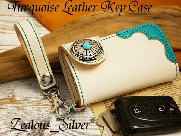  turquoise leather key case cow cow leather key holder attaching smart key card with pocket tongue low × blue 