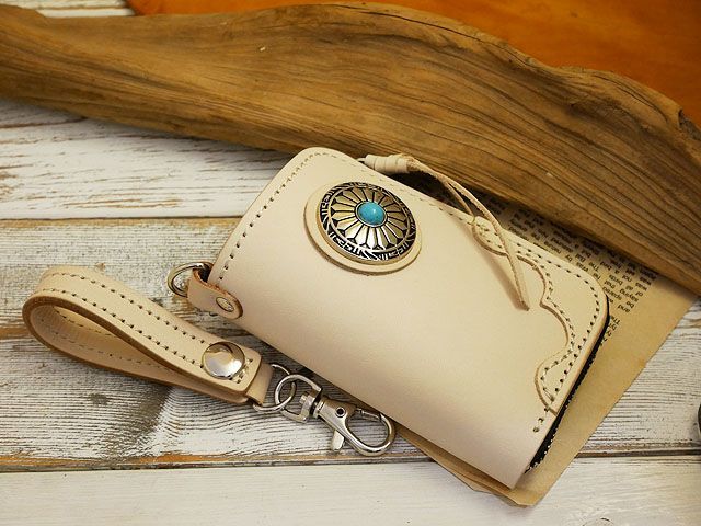  cologne . form!! half zipper leather key case turquoise Conti . smart key tongue low stitch key holder set