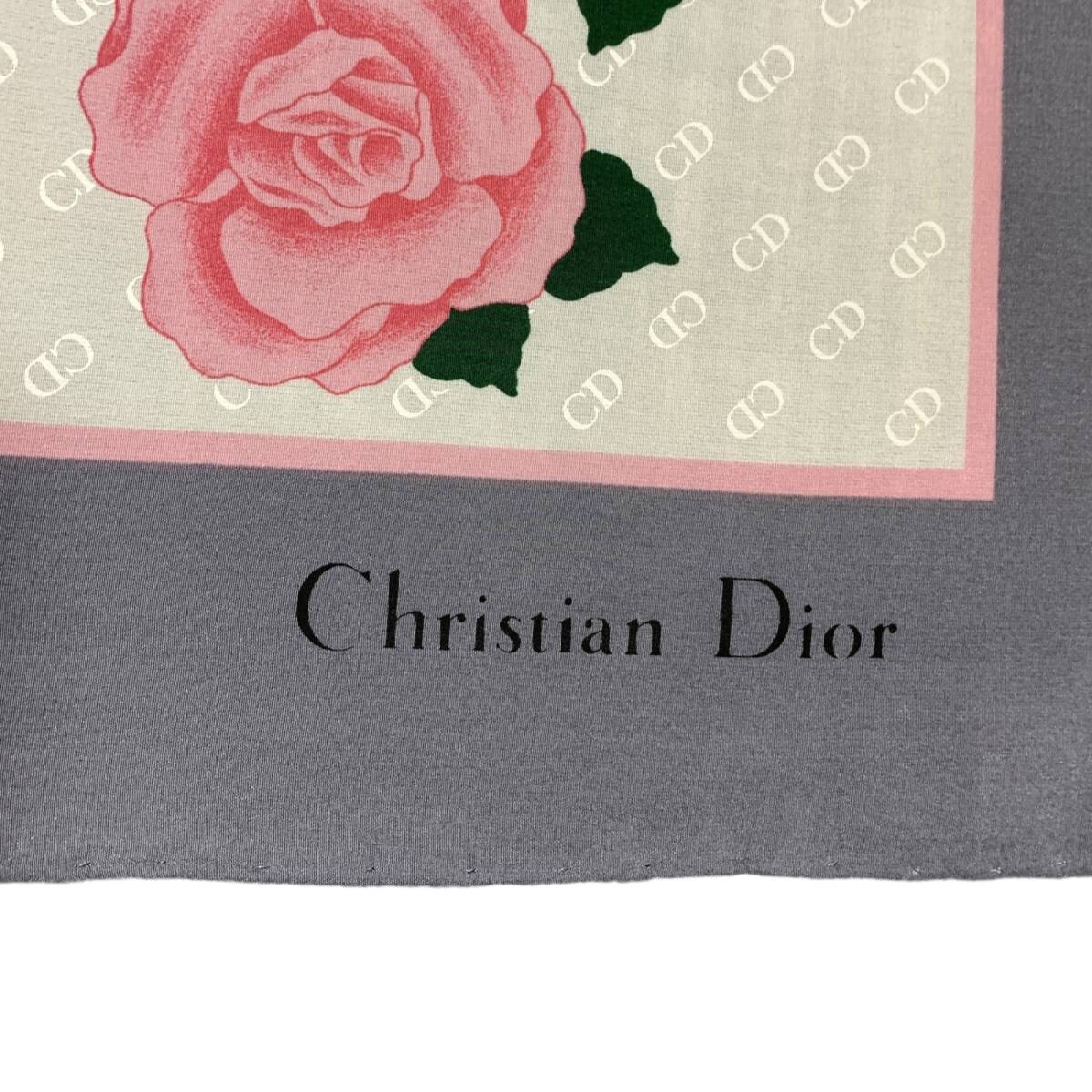 ◆中古品◆クリスチャンディオール Christian Dior シルク スカーフ 薔薇 花柄 ホワイト×グレー イタリア製 R60092NI_画像4