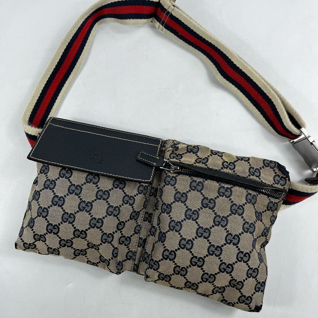 1円【入手困難品】 GUCCI グッチ シェリーライン ボディバッグ ウエストポーチ ショルダーバッグ ベルト GG キャンバス 斜め掛け ネイビー_画像1