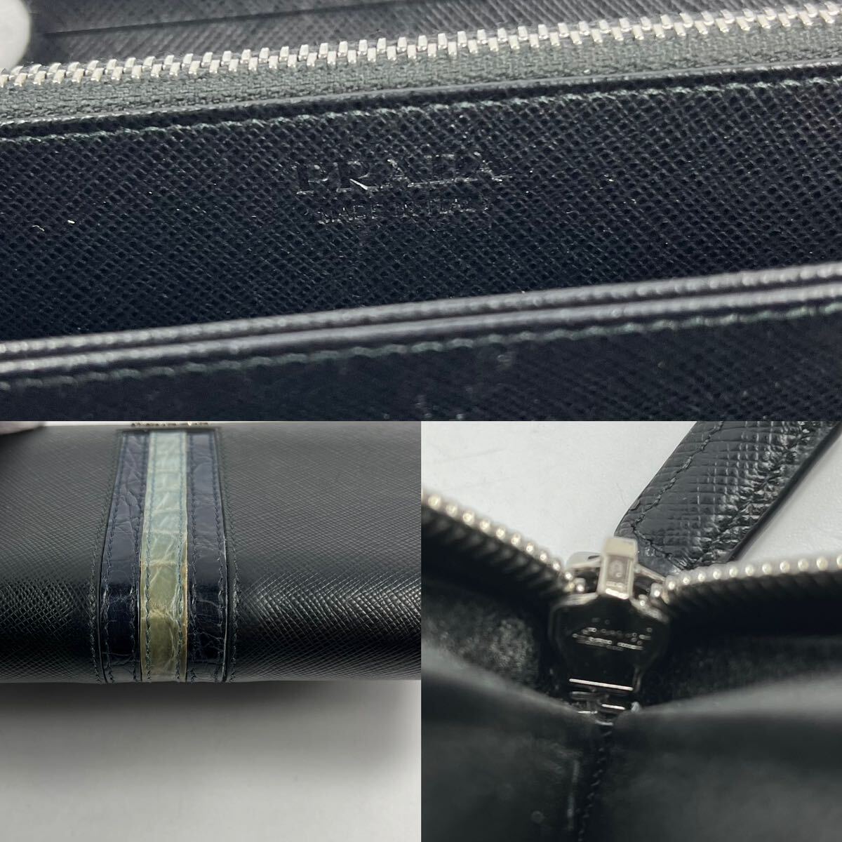 1円〜【入手困難品】 PRADA プラダ 長財布 ラウンドファスナー ブラック 黒 クロコ 型押し サフィアーノレザー メンズ ネイビー ウォレット_画像10