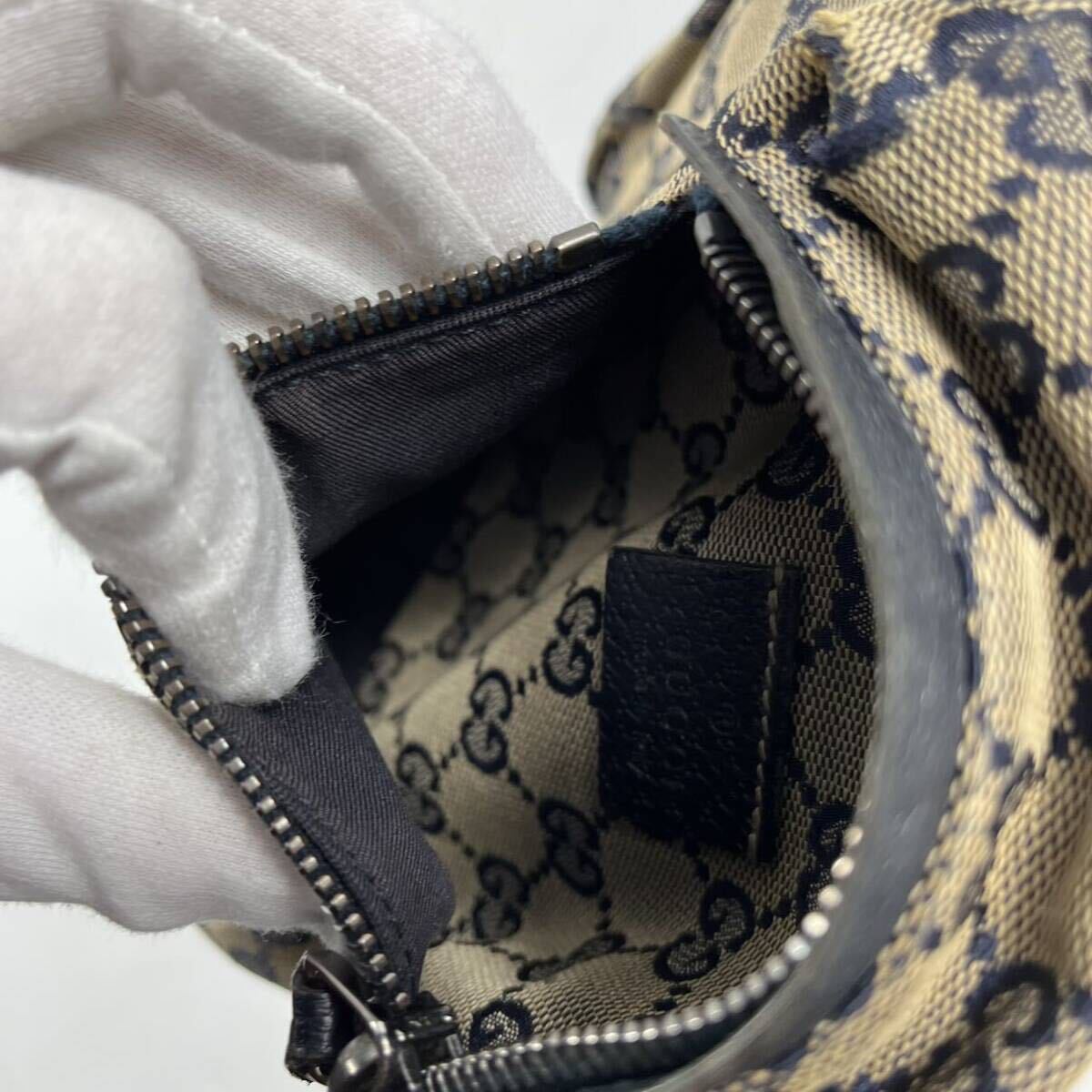 1円【入手困難品】 GUCCI グッチ シェリーライン ボディバッグ ウエストポーチ ショルダーバッグ ベルト GG キャンバス 斜め掛け ネイビー_画像9