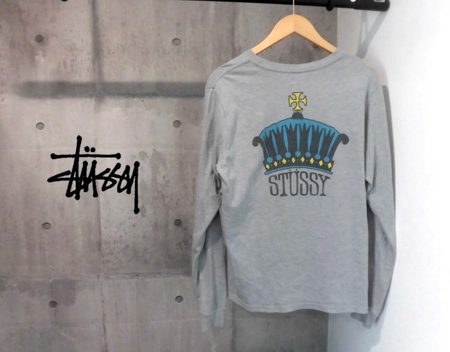 STUSSY ステューシー 王冠 クラウン ロゴプリント 長袖Tシャツ M/ロンTee/カットソー/グレー/メンズ_画像1