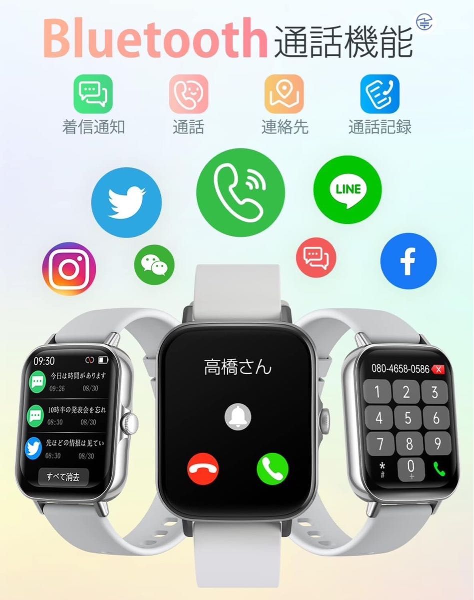 防水　スマートウォッチ　新品　Bluetooth iPhone android 通話機能付き 心拍 血糖値　血圧　歩数計 腕時計