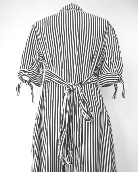 古着♪レトロ調・ストライプシャツワンピ♪70s60s70年代60年代80年代シンプル半袖春即決パフスリーブ昭和レトロ羽織りモノトーン黒白の画像6