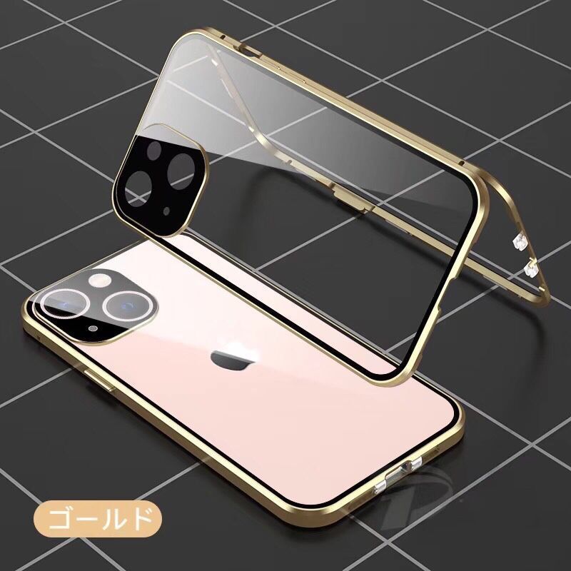iPhone 15Plus ゴールド ダブルロック付 前後強化ガラス レンズカバー体型 アルミ 耐衝撃 iPhone11 12 13 14 15 Pro max mini Plus ケースの画像1